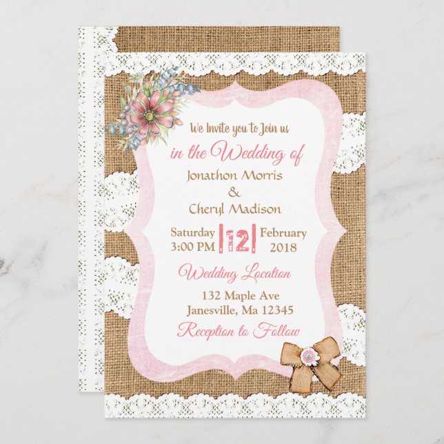 Lace and Burlap Floral Wedding Invitation (Front/Back)