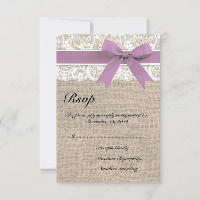 Lace and Burlap Look Olive RSVP Card Purple (Front)