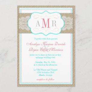 Lace and Burlap Monogram Rustic Wedding Invitation