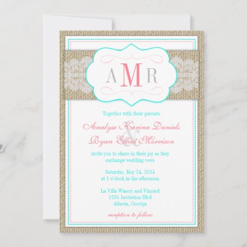 Lace and Burlap Monogram Rustic Wedding Custom Announcements