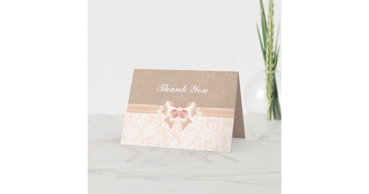 lace and burlap Peach Thank You Card | Zazzle