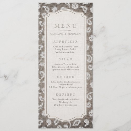 Lace and burlap rustic country wedding menu