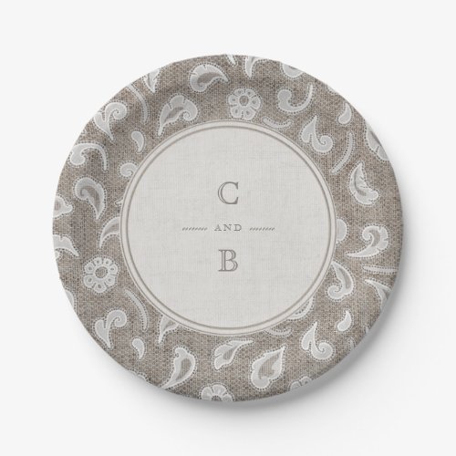 Lace and burlap rustic country wedding monogram paper plates