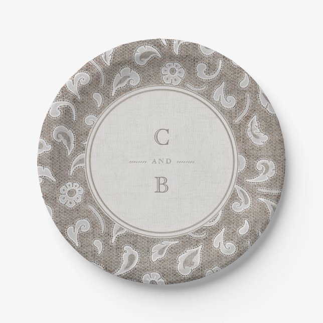 Lace and burlap rustic country wedding monogram paper plates (Front)