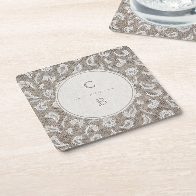 Lace and burlap rustic country wedding monogram square paper coaster (Angled)