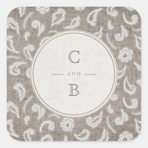 Lace and burlap rustic country wedding monogram square sticker