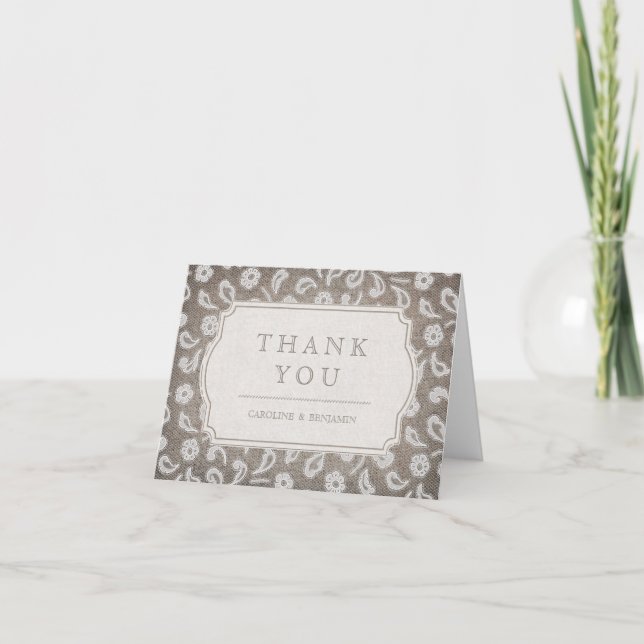 Lace and burlap rustic country wedding thank you card (Front)