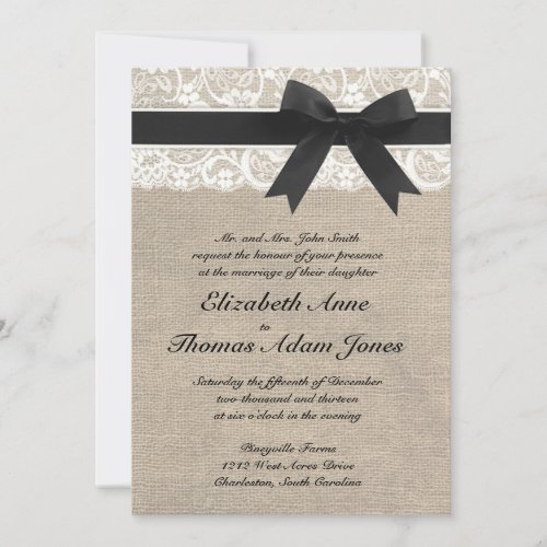 Lace and Burlap Rustic Wedding Invitation - Black