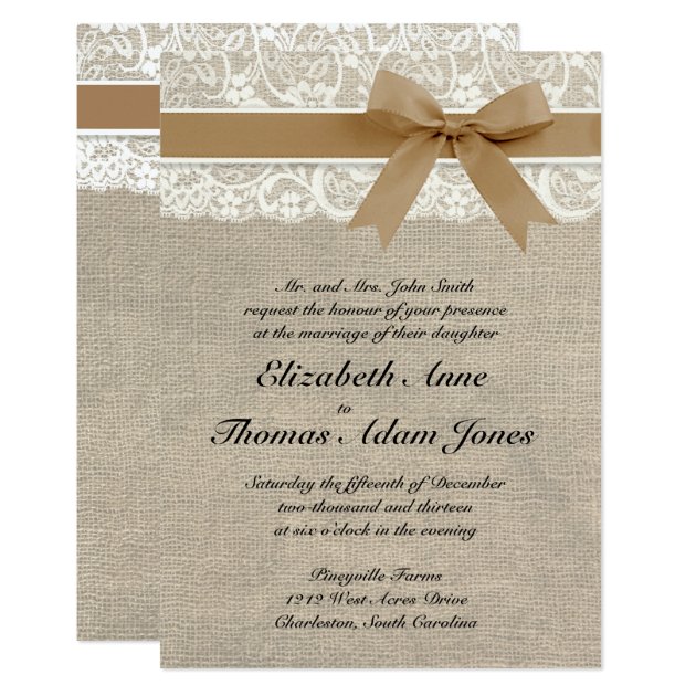 Lace And Burlap Rustic Wedding Invitation- Caramel Card