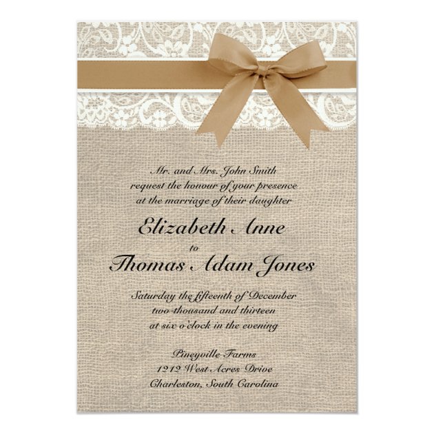 Lace And Burlap Rustic Wedding Invitation- Caramel Card