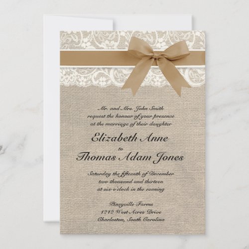 Lace and Burlap Rustic Wedding Invitation- Caramel