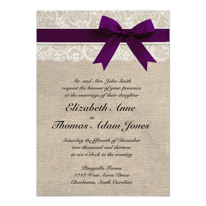 Lace and Burlap Rustic Wedding Invitation  Plum