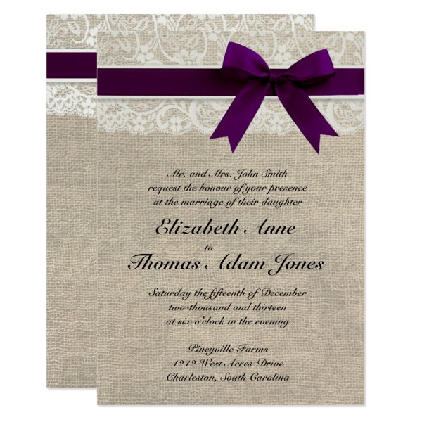 161357783926201523 Lace and Burlap Rustic Wedding Invitation- Plum Invitation