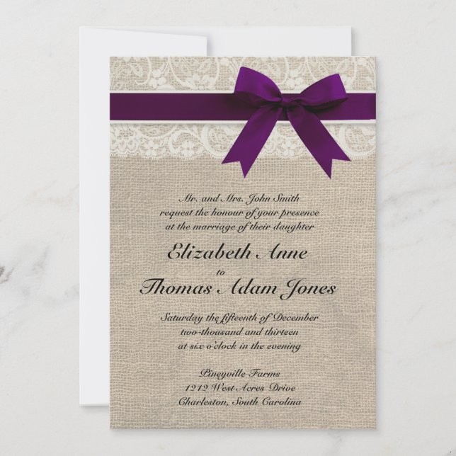 Lace and Burlap Rustic Wedding Invitation- Plum Invitation (Front)