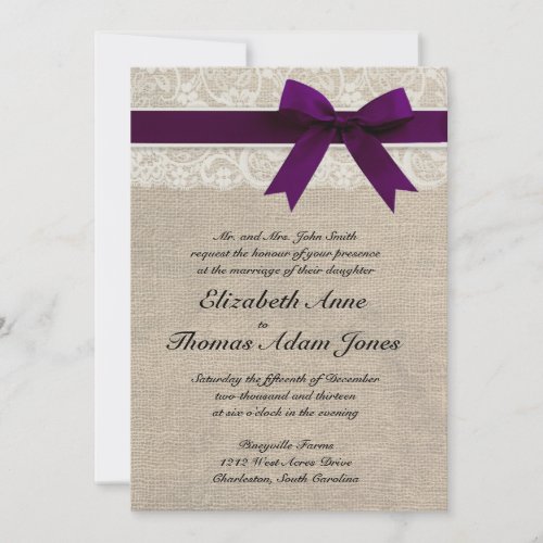 Lace and Burlap Rustic Wedding Invitation- Plum