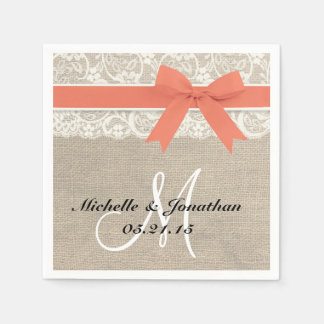 Lace and Burlap Rustic Wedding Napkin Coral