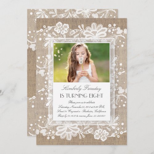 Lace and Burlap Vintage Elegant Photo Birthday Invitation - Elegant photo birthday party invitation with lace and burlap