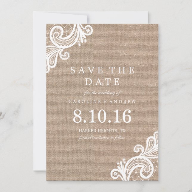 Lace and Burlap Wedding Save the Date Announcement (Front)