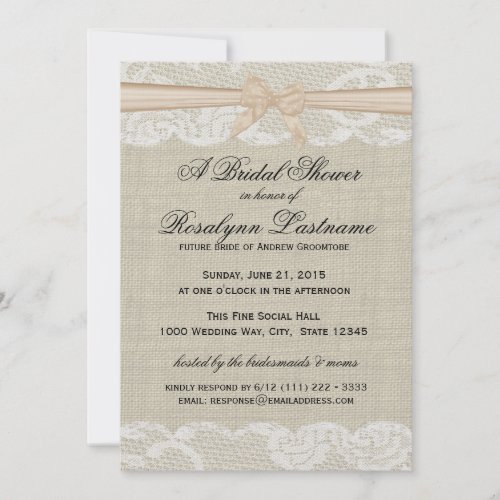 Lace and Burlap with Peach Bow Bridal Shower Personalized Announcements