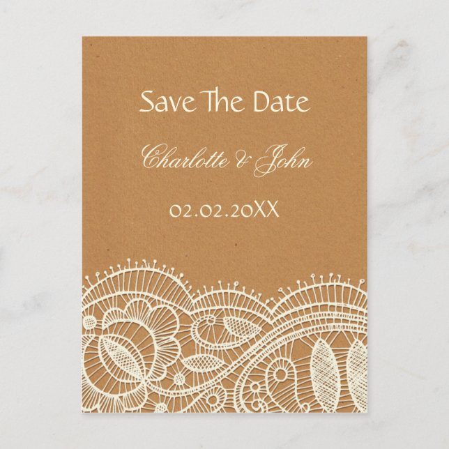 Lace and Kraft Paper Wedding Announcement Postcard (Front)
