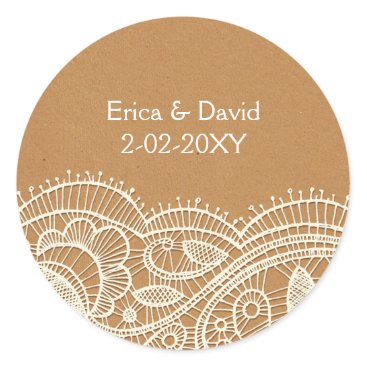 Lace and Kraft Paper Wedding Classic Round Sticker