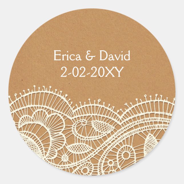 Lace and Kraft Paper Wedding Classic Round Sticker (Front)