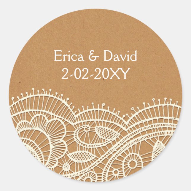Lace and Kraft Paper Wedding Classic Round Sticker (Front)