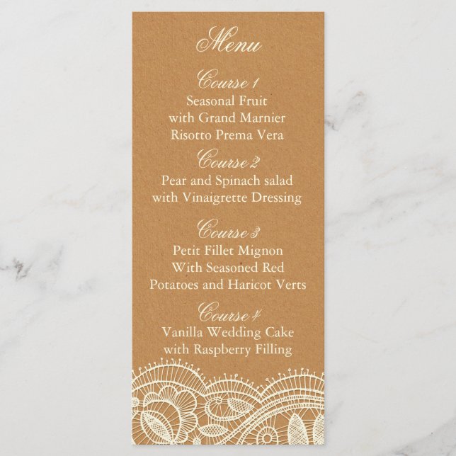 Lace and Kraft Paper Wedding Menu (Front)