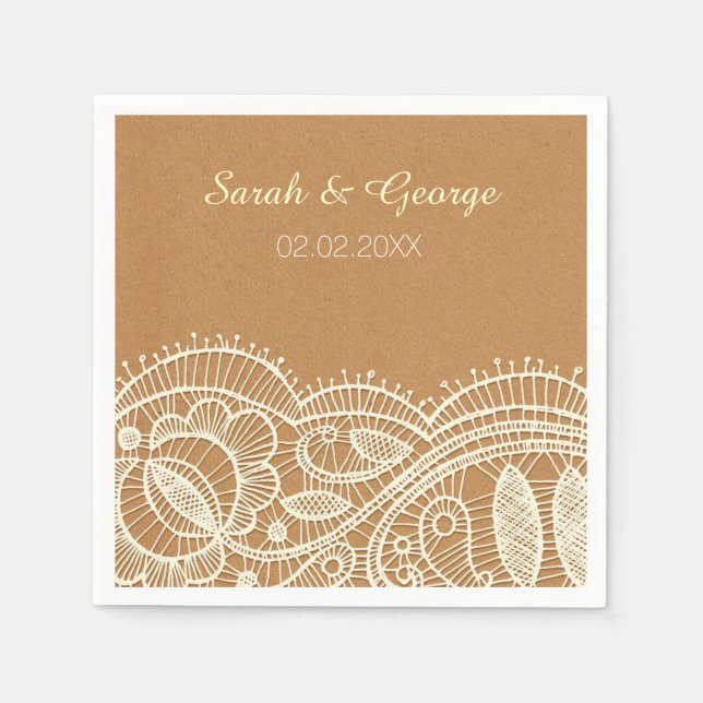 Lace and Kraft Paper Wedding Paper Napkins (Front)