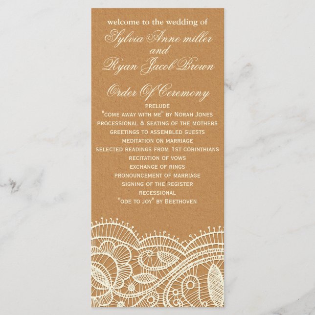 Lace and Kraft Paper Wedding Program (Front)
