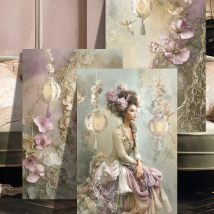 Lace and Light Triptych Sage Mauve Floral Lady Wrapping Paper Sheets