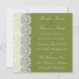Lace and Pearls Moss Green Wedding Invitation