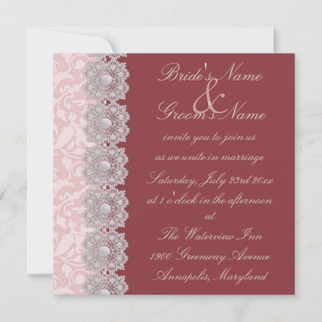Lace and Pearls Raspberry Wedding Invitation (Front)