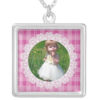 Lace and Plaid -Heart on Pink- Silver Plated Necklace