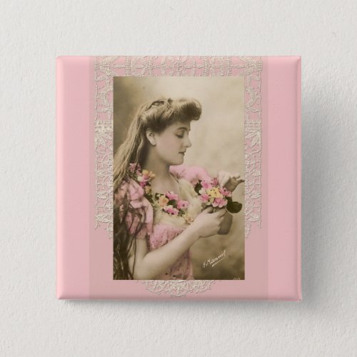 lace and posies victorian lady pinback button