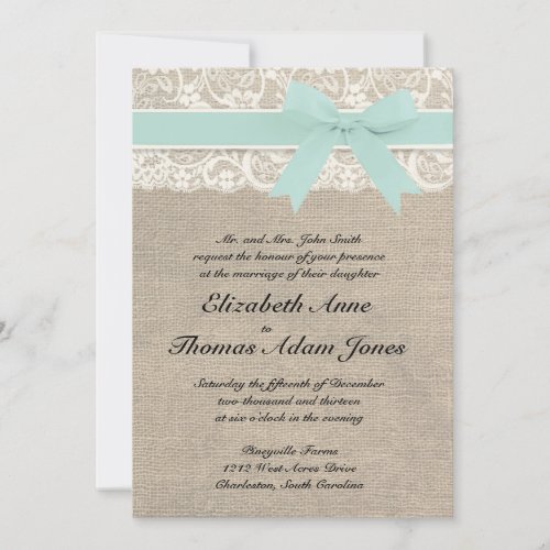 Lace and Rustic Burlap Wedding Invitation Seafoam