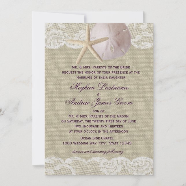 Lace and Sand Dollar Beach Wedding Invitation (Front)