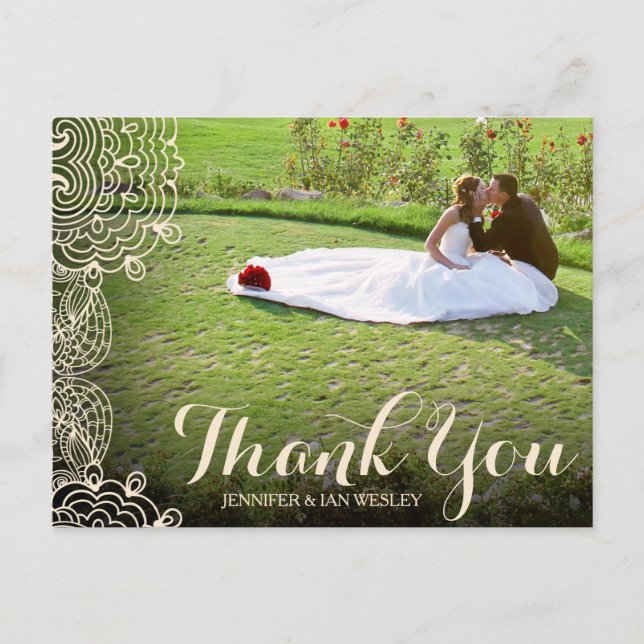 Lace and Script Overlay Wedding Thank You Postcard (Front)