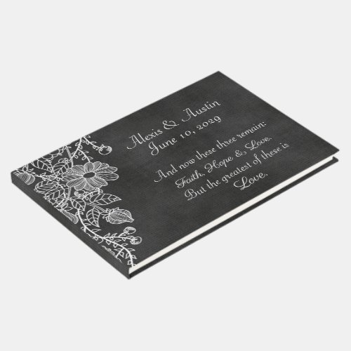Lace and Scripture Verse On Black Linen Guest Book