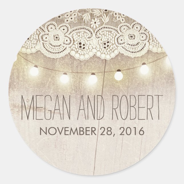 Lace and String Lights Rustic Wedding Classic Round Sticker (Front)