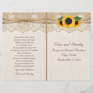 Lace and sunflowers burlap floral wedding program