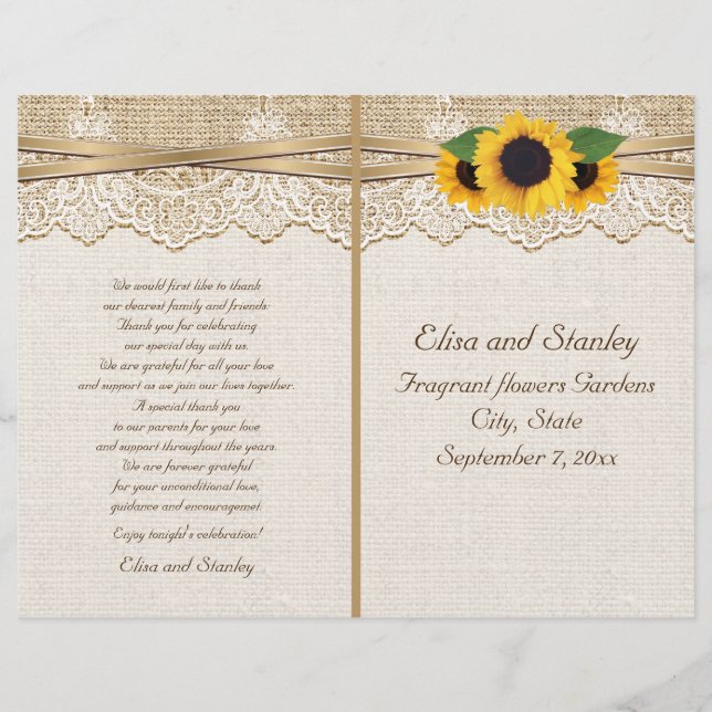 Lace and sunflowers burlap floral wedding program (Front)