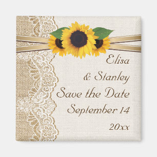 Lace and sunflowers burlap wedding Save the Date Magnet