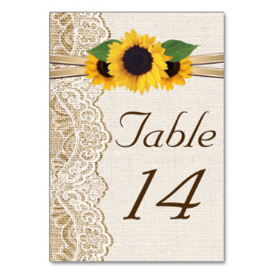 Lace and sunflowers burlap wedding table number
