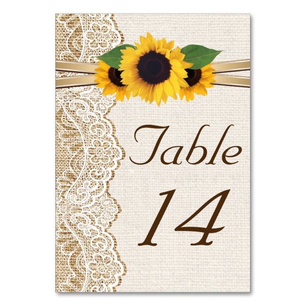 Lace And Sunflowers Burlap Wedding Table Number Card
