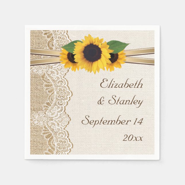 Lace and sunflowers on burlap wedding paper napkins (Front)
