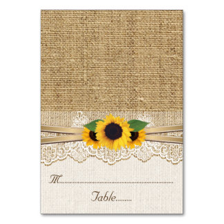 Lace and sunflowers on burlap wedding place card