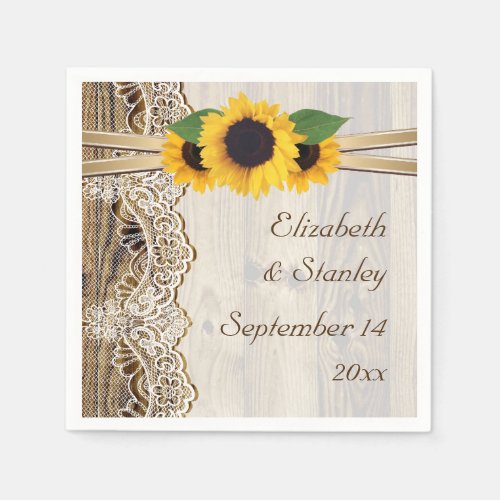 Lace and sunflowers on wood wedding paper napkins