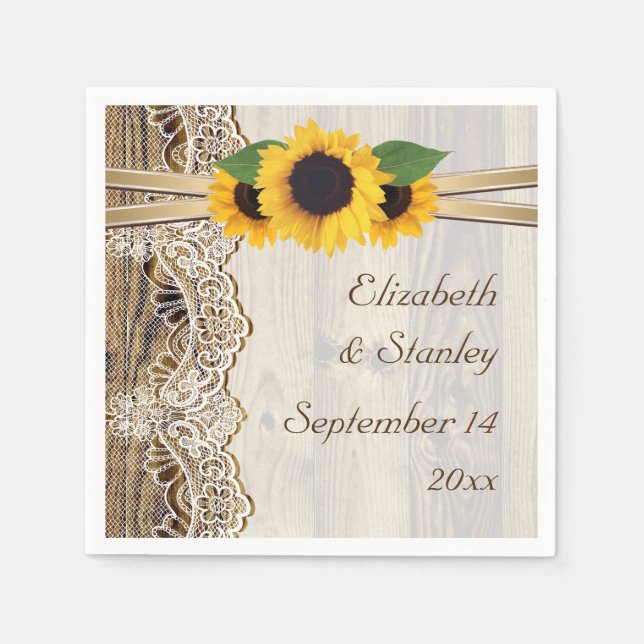 Lace and sunflowers on wood wedding paper napkins (Front)