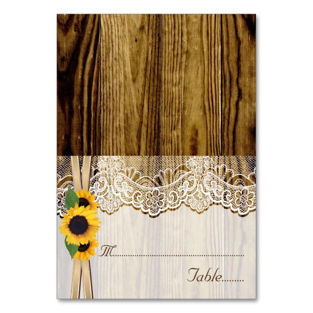 Lace And Sunflowers On Wood Wedding Place Card